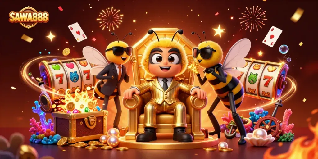 Engage with SAWA888's thrilling casino experience featuring vibrant characters and dynamic game elements.