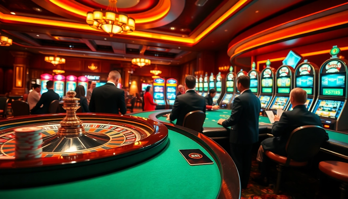 Scène captivante d'un casino en ligne français avec des joueurs profitant de jeux de poker et de roulette dans un décor luxueux.