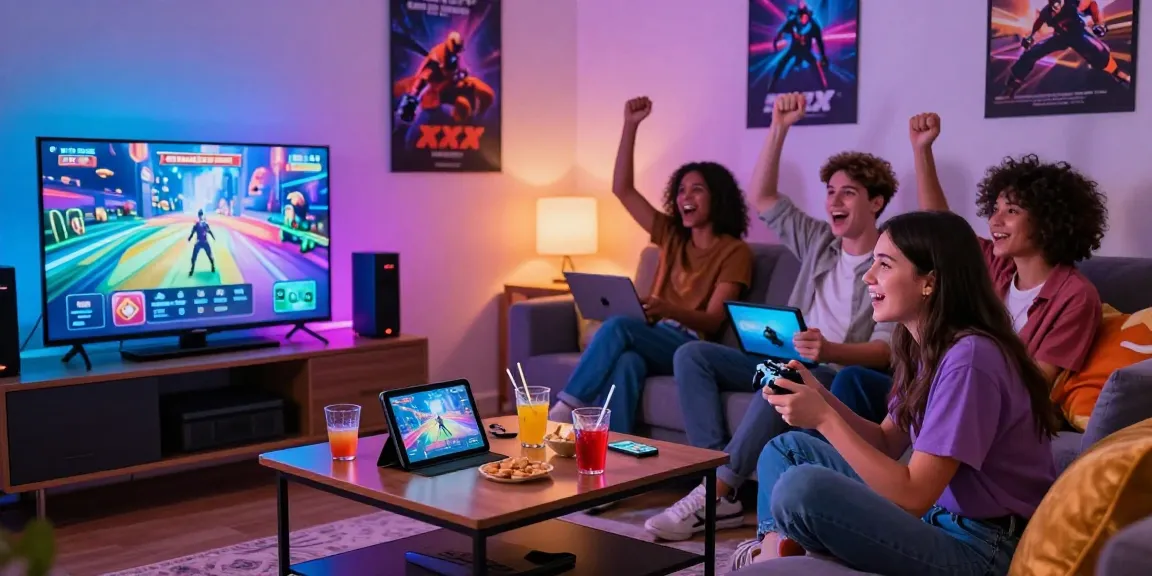 Friends enjoying engaging xxx games in a cozy living room setting with snacks and vibrant lights.