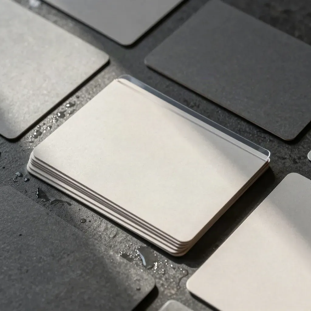 Wet stone flatlay of blank header cards, acetate overlay, matte sleeve