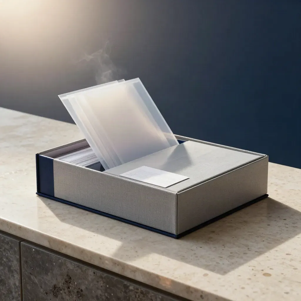 Rain-damp archival folio box with preview cards, sleeves, pouch, and proof slip on travertine.