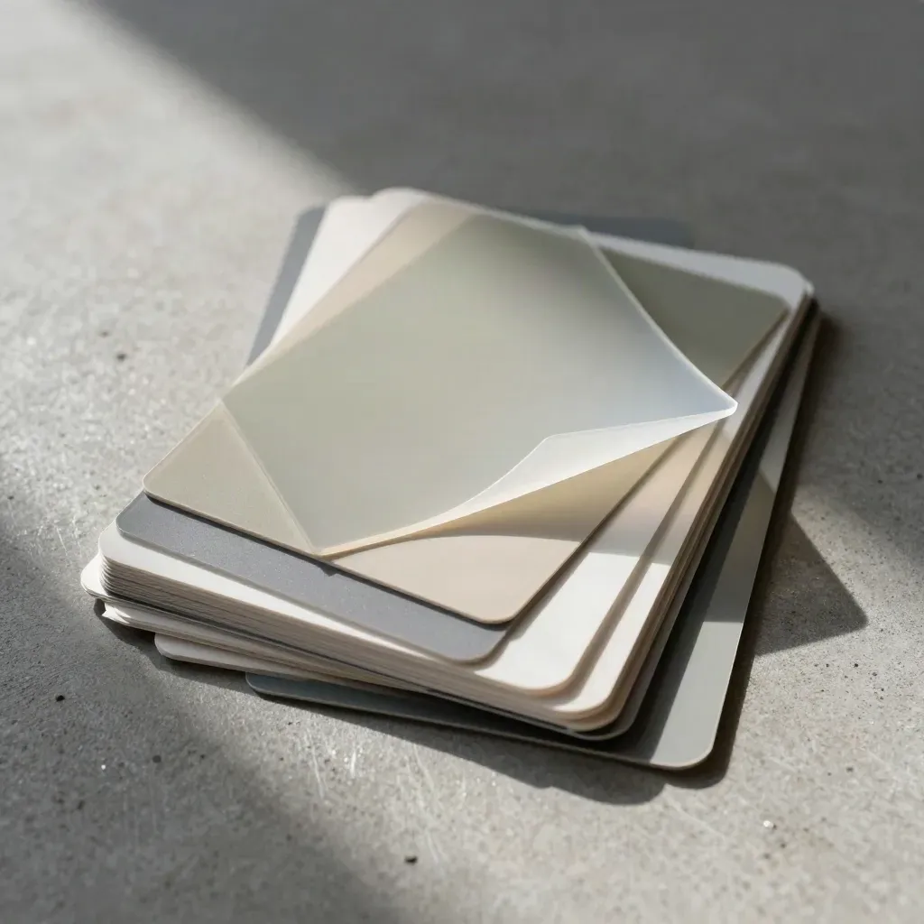 Top-down deck of image swatches and translucent overlays on brushed concrete with soft haze.
