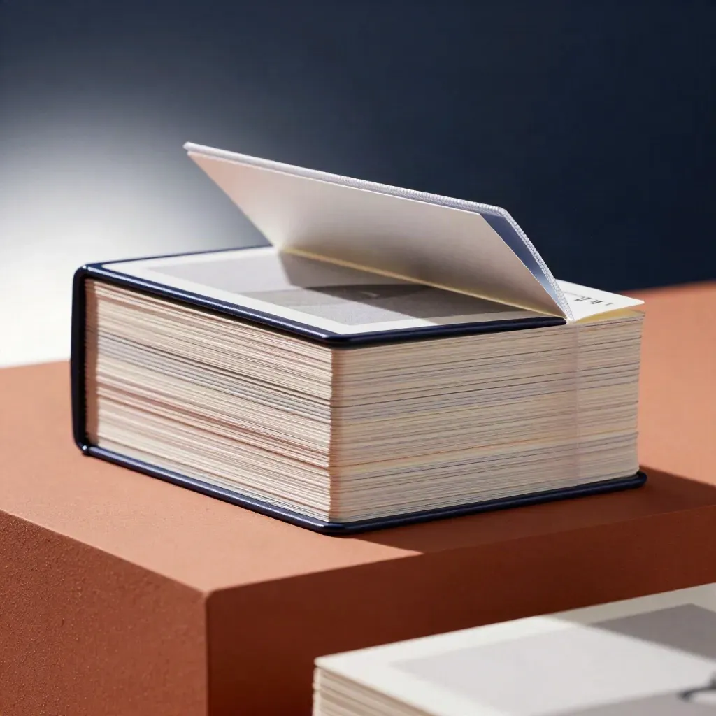 Premium asset folio with proof cards fanned open on a terracotta plinth, studio-lit.