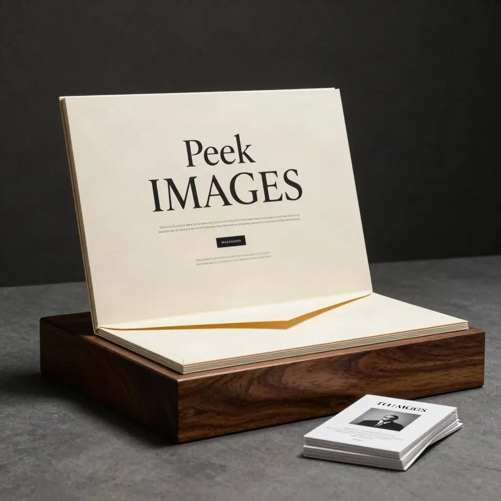 Oversized preview boards and crop cards on a dark walnut plinth in soft studio light