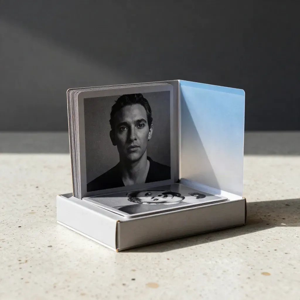 Unbranded image kit box with preview card, inserts and translucent sleeve on travertine in soft light.