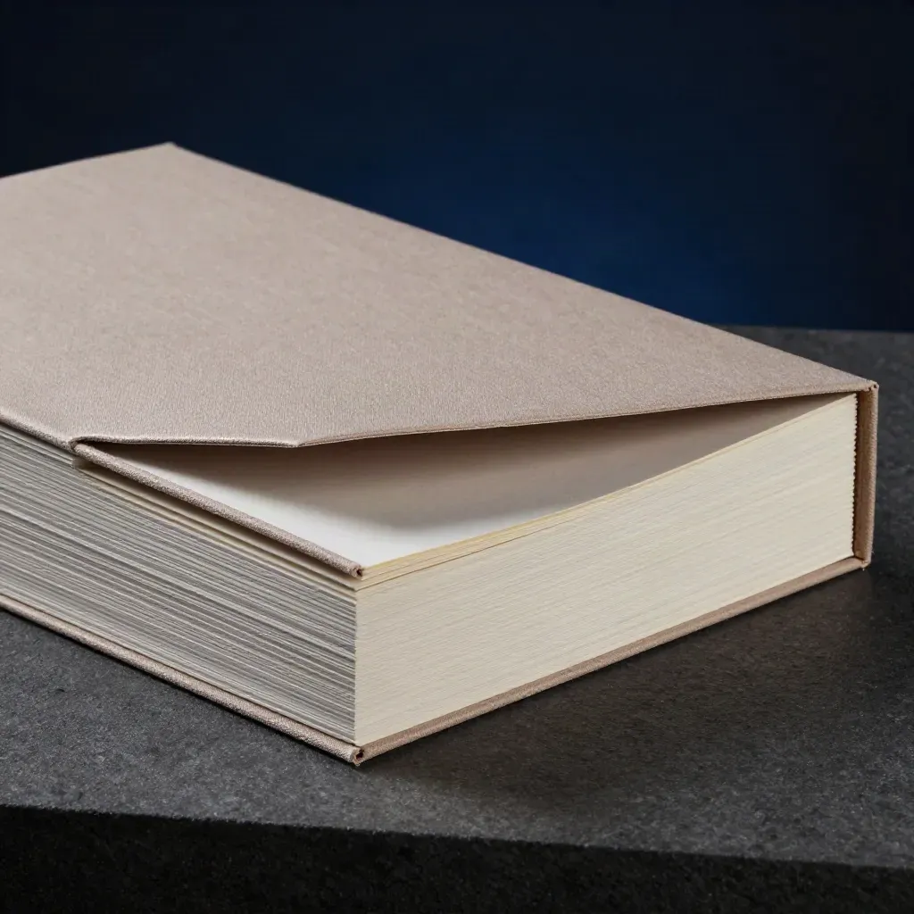 Macro of layered report cover boards with linen wrap and soft-touch finish on a dark plinth.