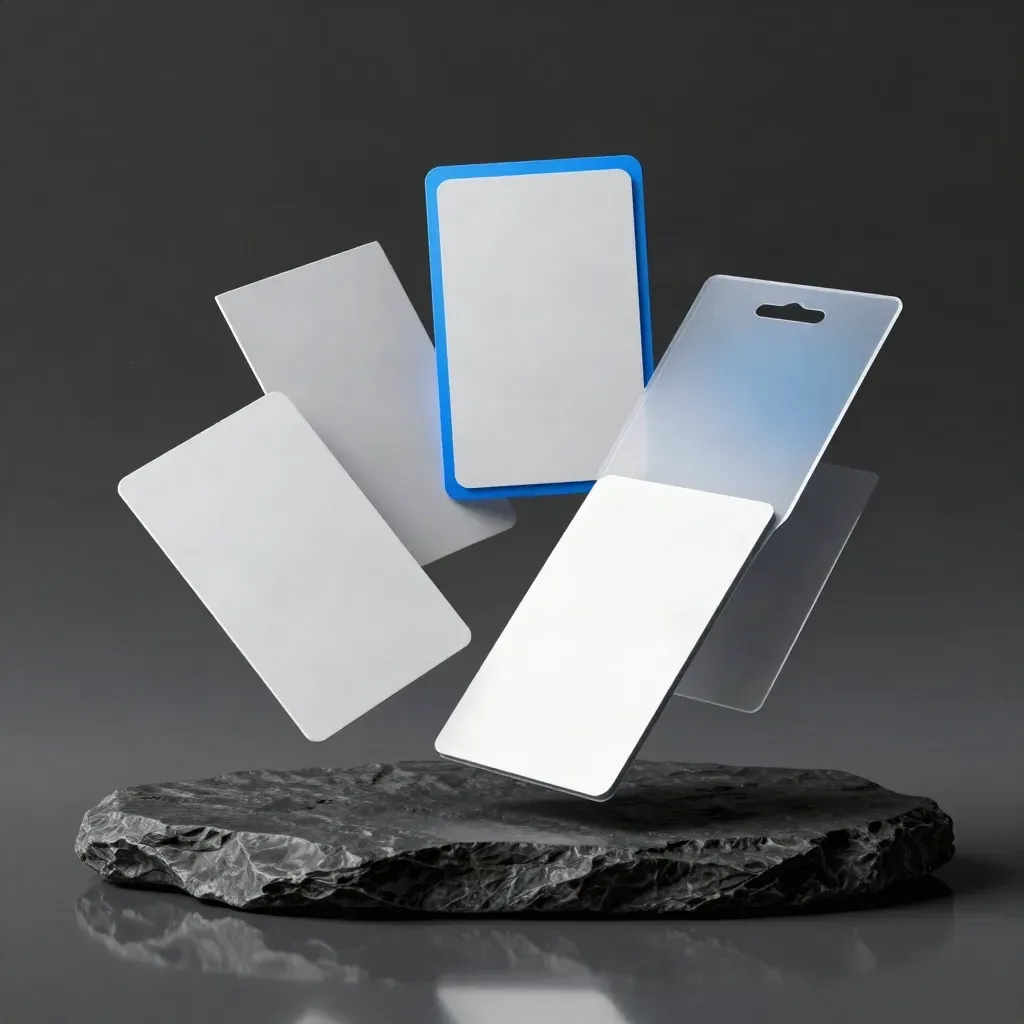 Floating mockup frames, insert cards, and sleeve over dark stone with blue rim light