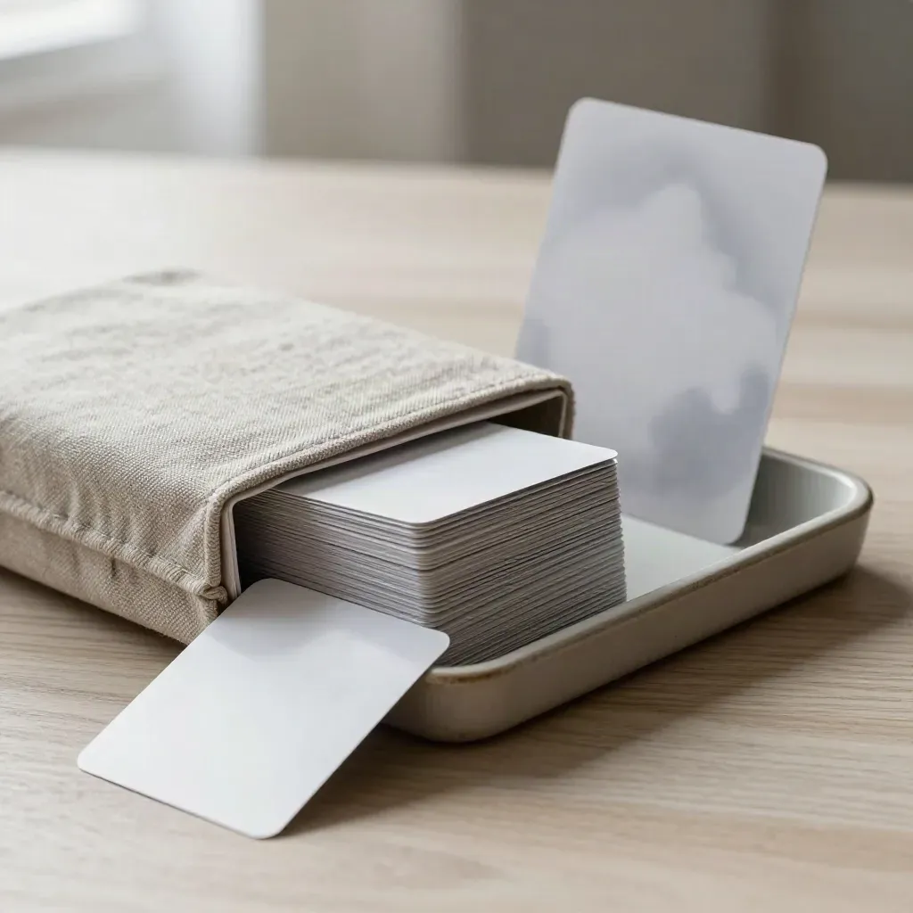 Tiny crop cards, binder, and proof stack on pale ash wood under soft daylight.