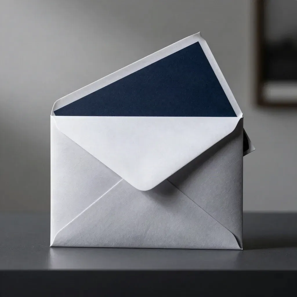 Seasonal preview boards and a folded envelope on a dark plinth with winter rim light.