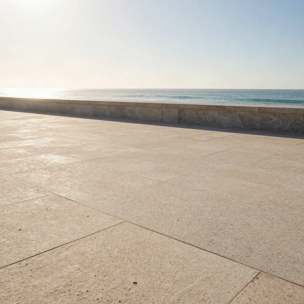 Sunlit stone terrace above the sea with rails, haze, and calm copy space below.