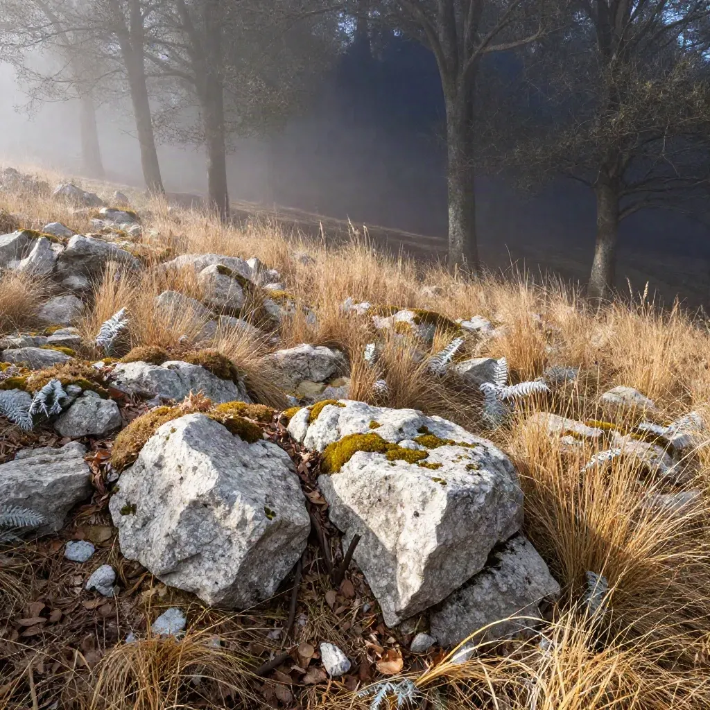 Misty woodland floor with pale rocks, dry grass, and dark trees in the distance.