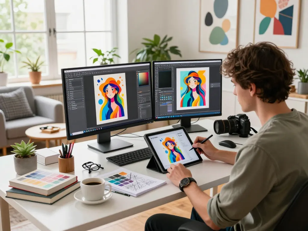 Artist converting image to prompt AI in a modern workspace with vibrant designs and natural light.