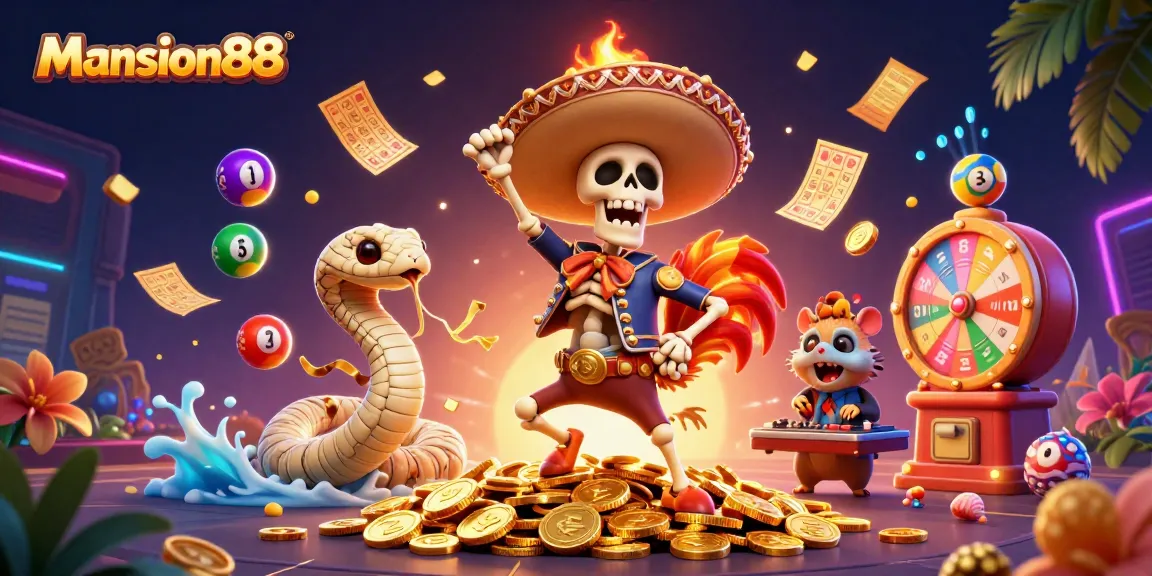 Mansion88 features a vibrant gaming scene with a lively mariachi rooster celebrating amidst casino elements, underscoring Asian online betting excitement.