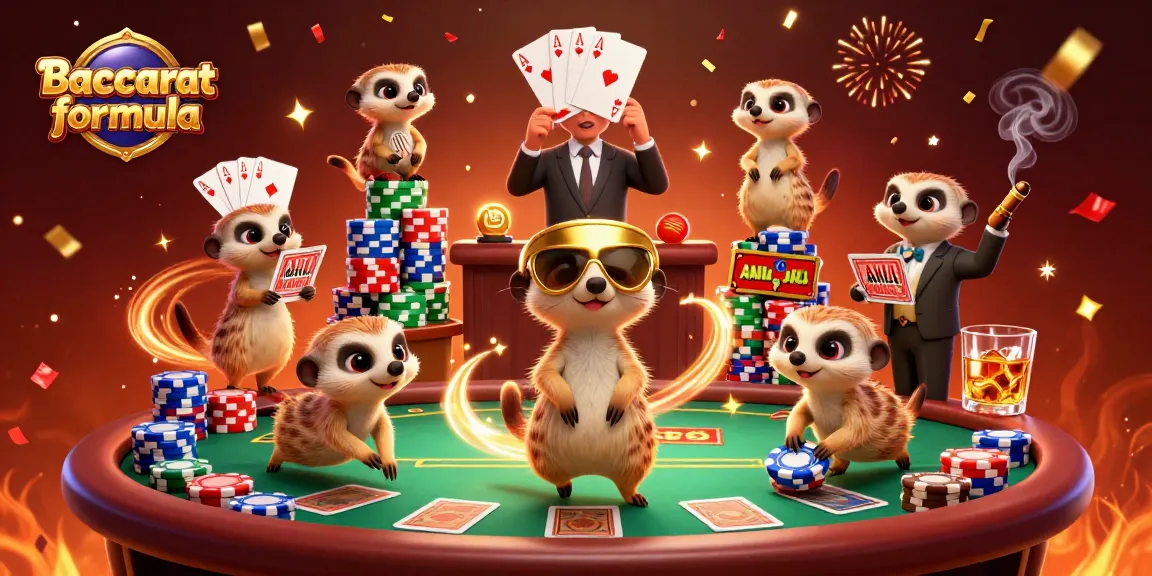 Experience the ultimate Baccarat formula game with vibrant meerkats in a bustling casino scene.