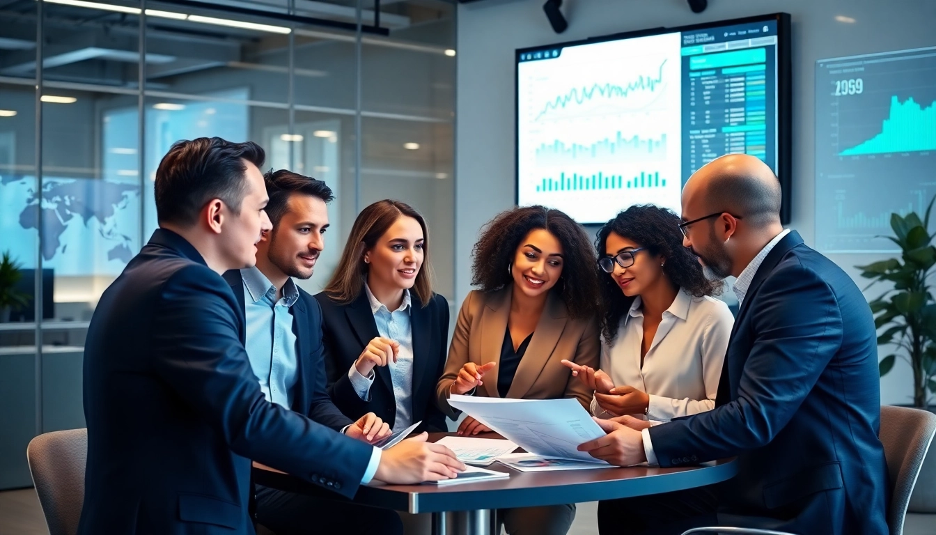 Engaged team analyzing b2b competitive intelligence data in a modern office setting.