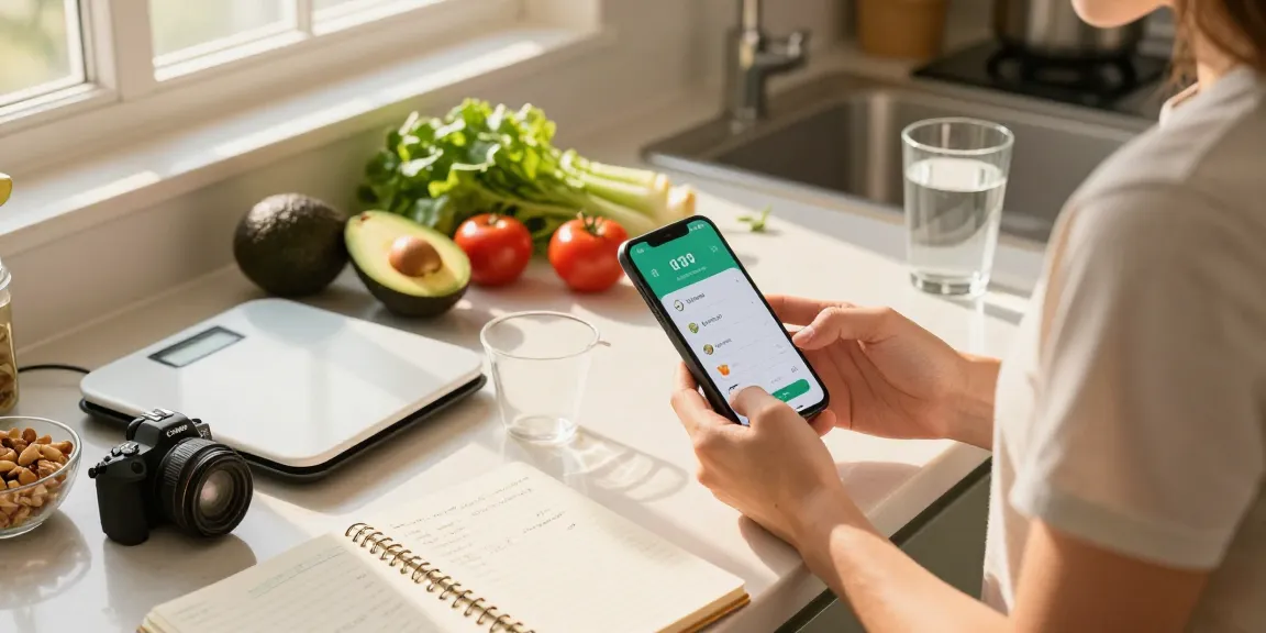 Health-conscious individual using the best calorie tracking apps in a bright kitchen, logging meals with fresh ingredients.