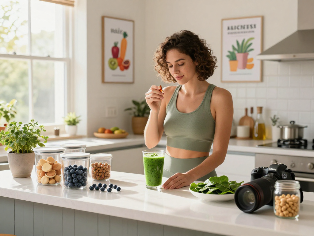 Creating a healthy smoothie with antioxidant supplement Canada in a bright kitchen.