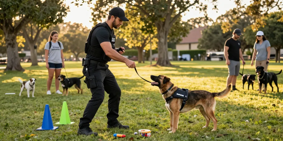 Handler training a dog in ROKOK88 gear at sunset.