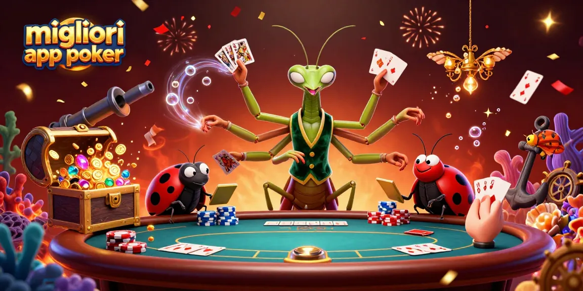 Migliori app poker: una mantide gigante e una coccinella al tavolo di poker, circondati da fiches e carte.