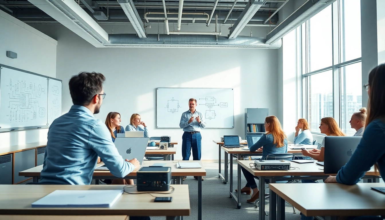 Engaging low voltage training session in a bright classroom with students and technical equipment.