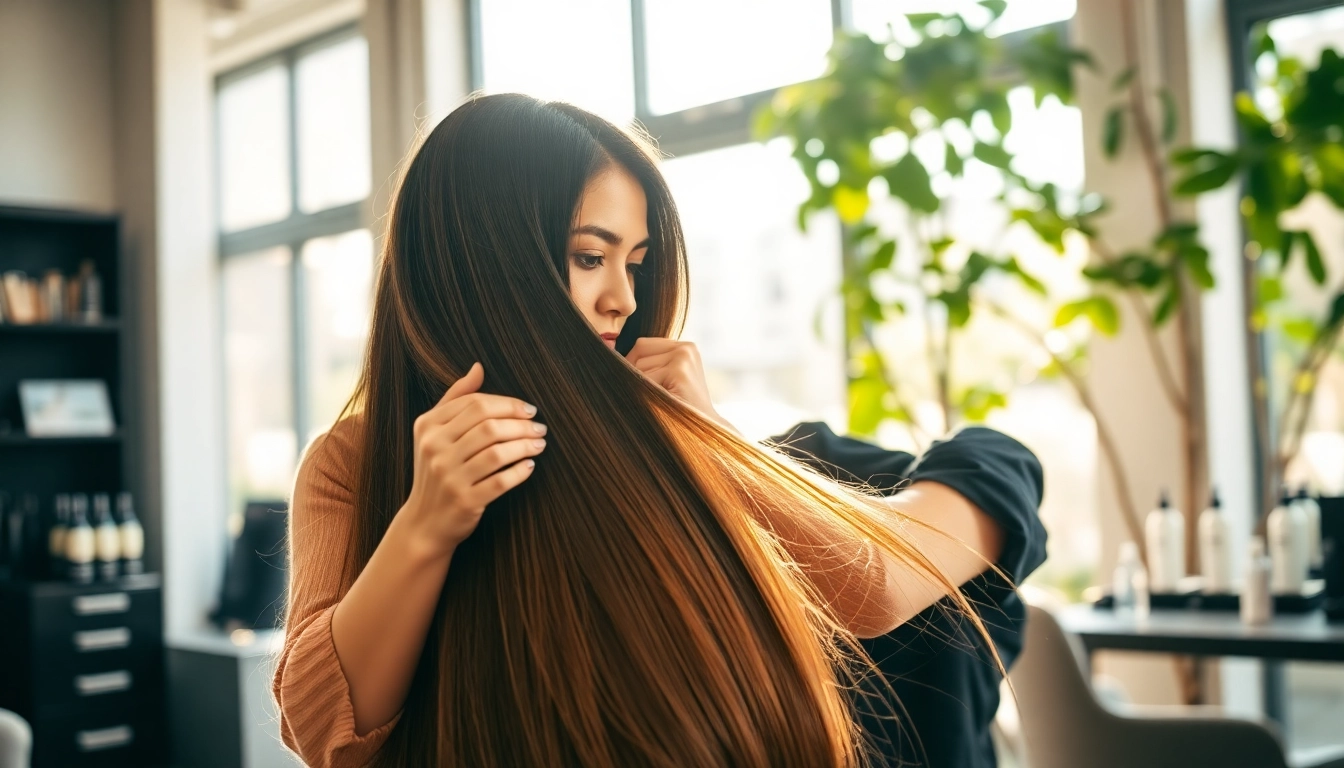 Transform your look with genius weft hair extensions expertly applied by a stylist in a chic salon setting.