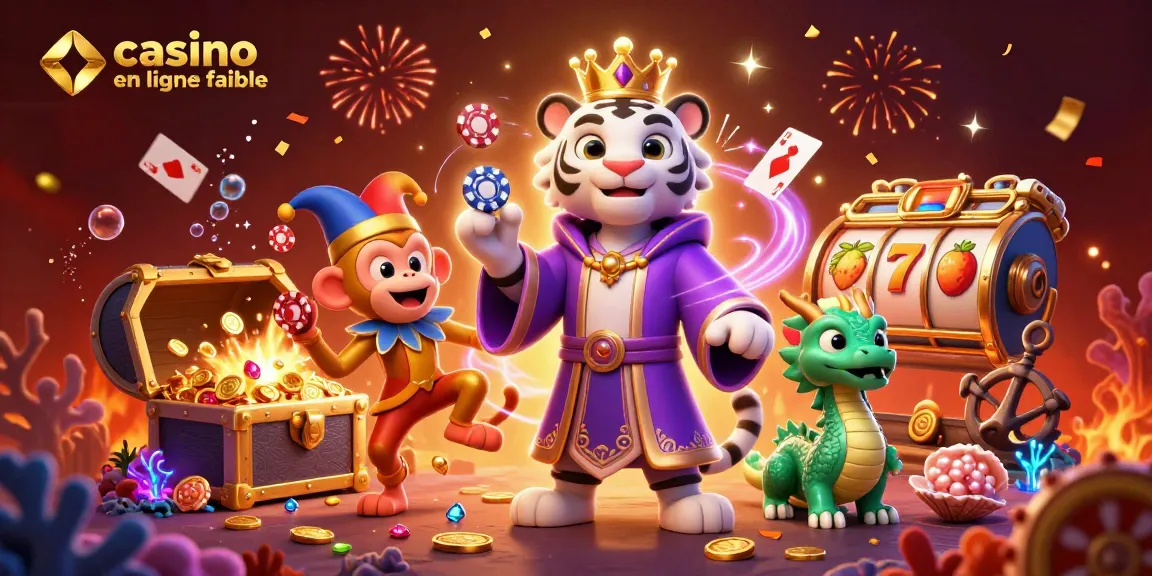 Casino en ligne fiable : illustration d'un tigre blanc, singe doré et dragon jade dans un univers ludique.
