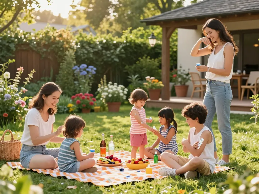 Family applying mosquito repellent in a sunny backyard during summer.