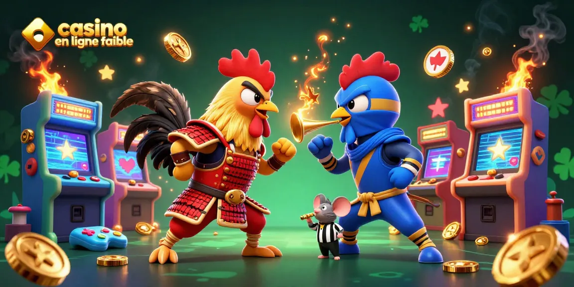 Analysez le casino en ligne fiable avec cette illustration dynamique de coqs combattants et d'éléments de jeu.