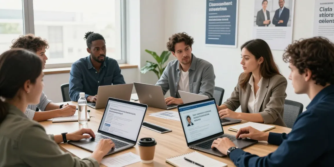 Clients and professionals collaborating to learn more about service options in a modern workspace