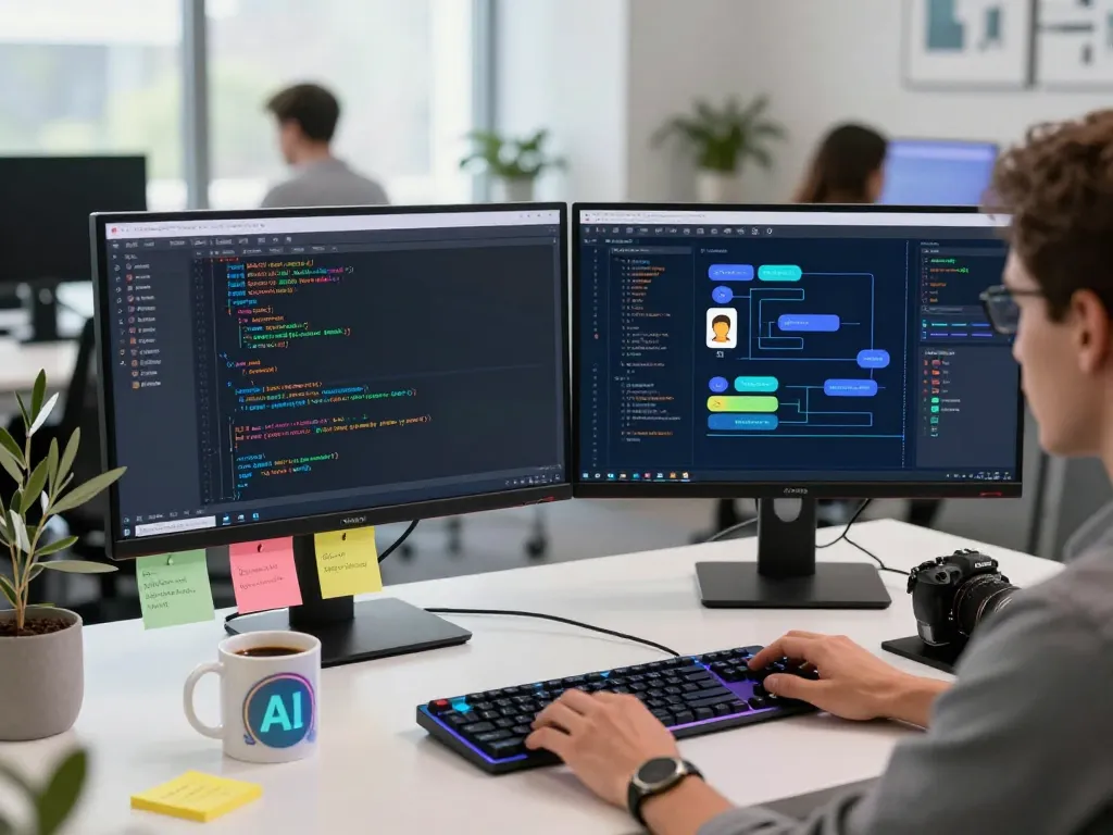 AI-driven application development for adult chatbots showing coding setup and modern workspace.