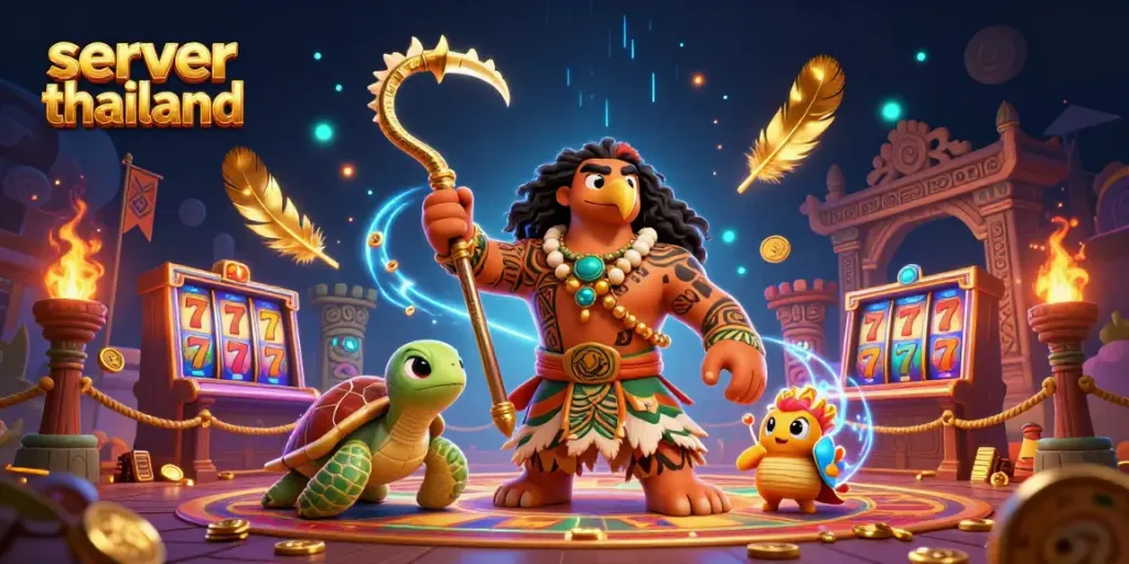 Win big with server thailand in a dynamic casino setting featuring tribal characters and vibrant game elements.
