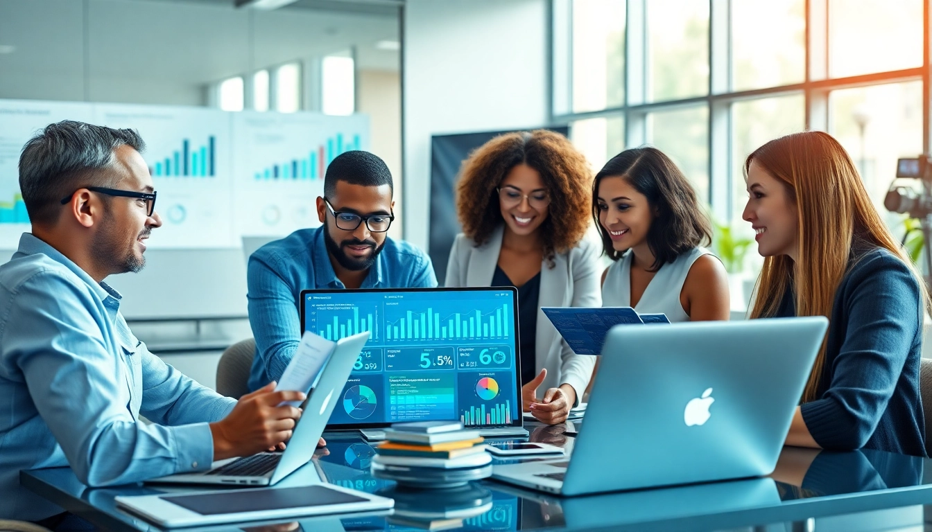 Utilize AI for competitor analysis with diverse professionals collaborating over analytics.