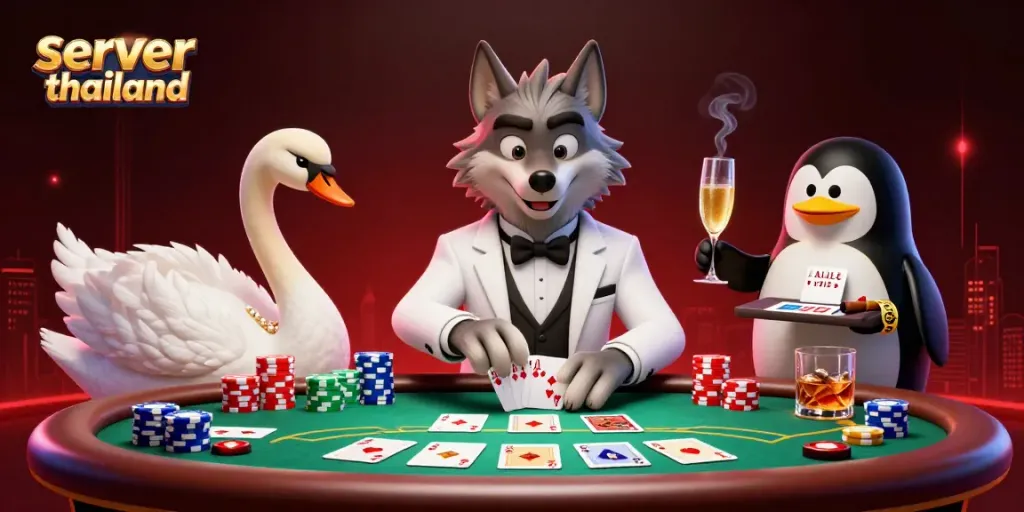 Engage with dynamic casino action featuring characters celebrating a winning hand at server thailand.