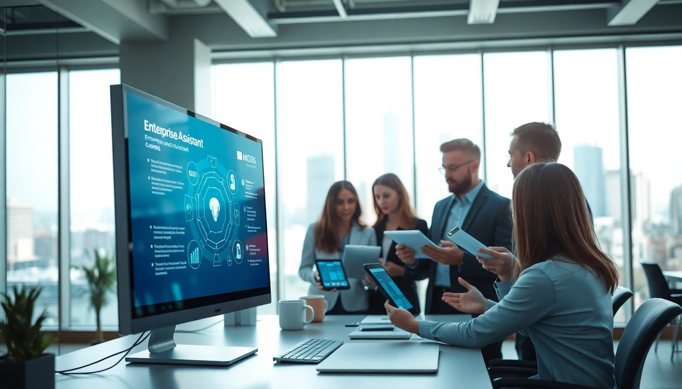 Team working together on enterprise assistant saas software in a modern office setting.