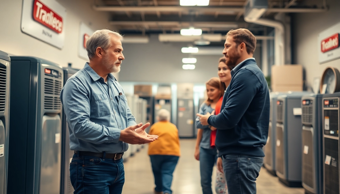 Trane furnace dealer providing expert advice to customers in a well-lit showroom setting.