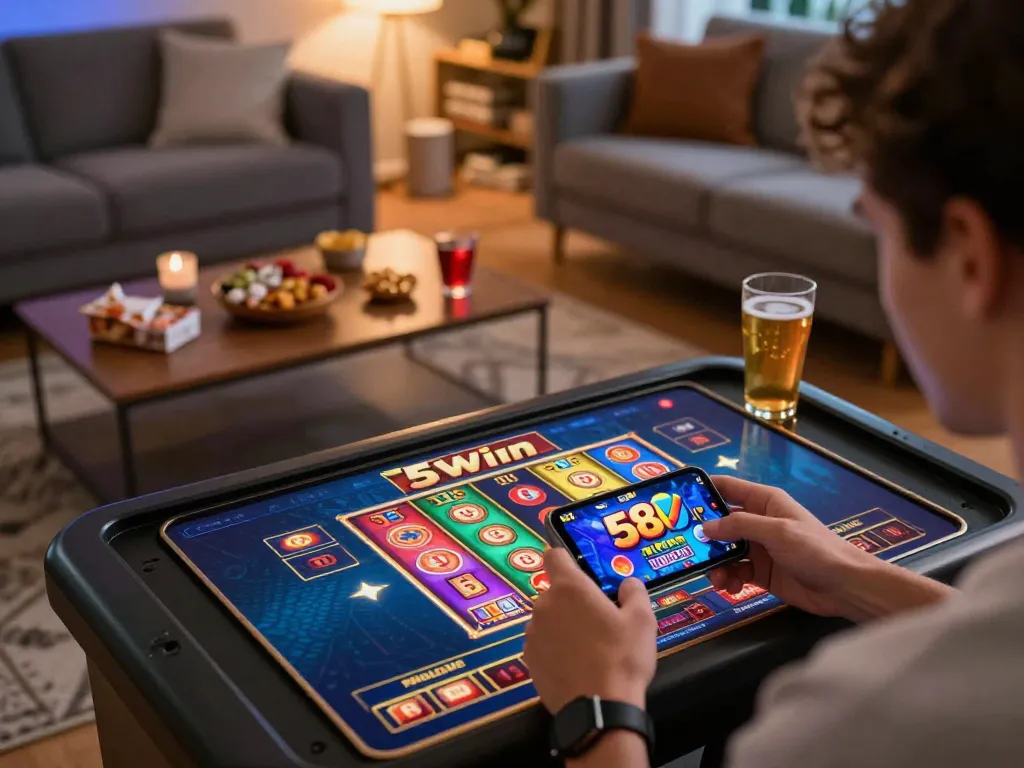 Engaging in mobile gambling on 58win smartphone in a cozy living room.