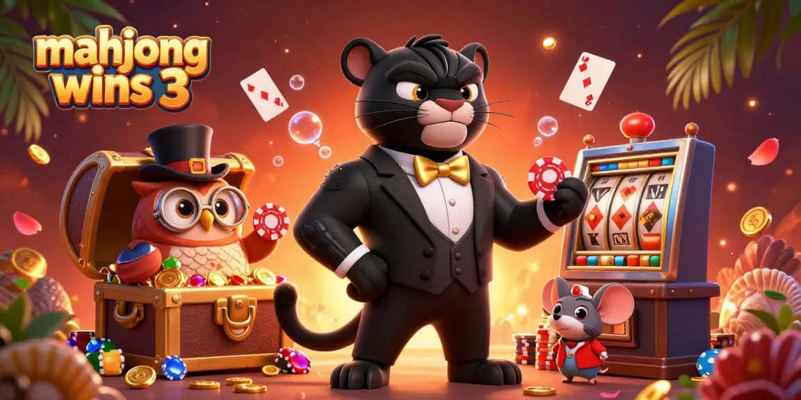 Experience mahjong wins 3 with our vibrant 3D casino illustration featuring lively characters and slot elements.