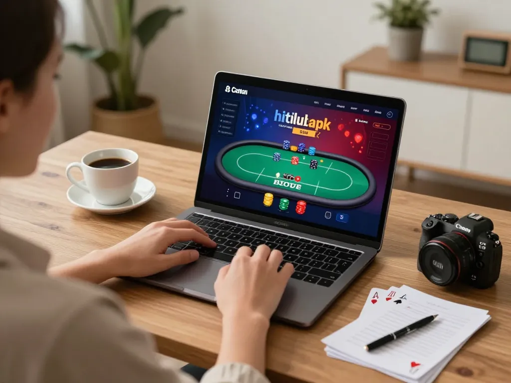 Engaging online poker game on hitclubapk platform with a player using a laptop and strategic notes.
