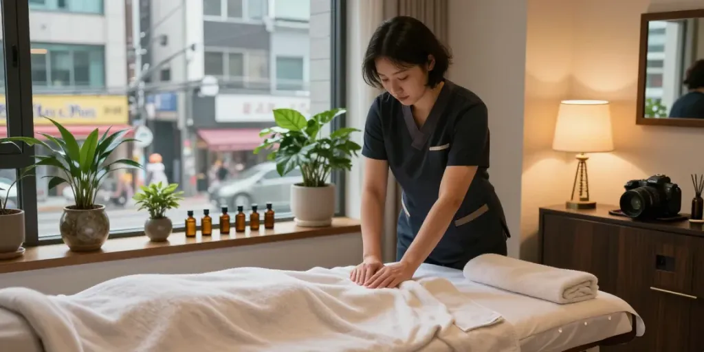 Massage therapist preparing for a 명동출장마사지 session in a serene urban setting.