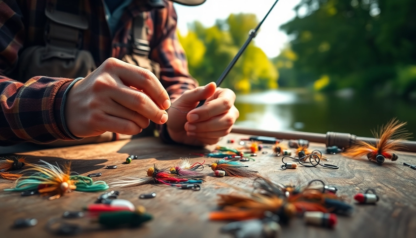 Fly tying demonstration showing an angler skillfully crafting a fly with colorful materials.