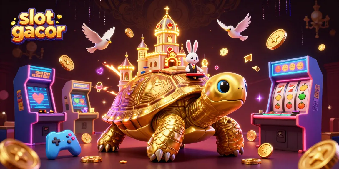 Experience high-energy slot gacor adventures with a spectacular casino scene featuring a golden tortoise and playful elements.