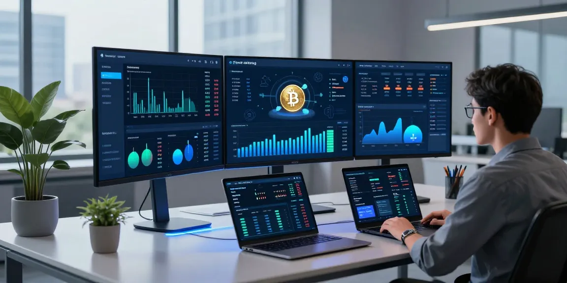 Secure cloud mining platform with cryptocurrency dashboards and blockchain technology displays in a modern office environment.
