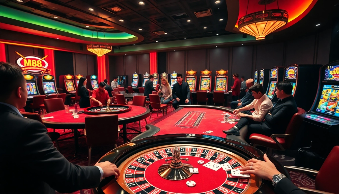 Experience the thrills of MM 88 with luxurious casino visuals showcasing poker and slot games.