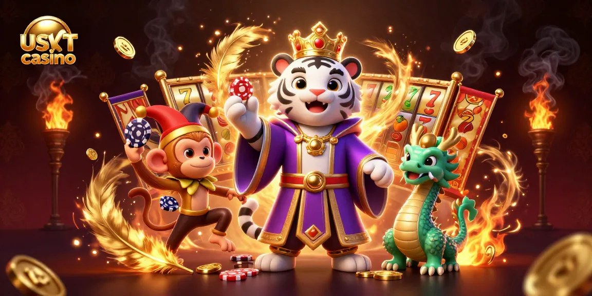 Gioca nei casinò usdt con un'illustrazione vivace di una tigre bianca e un monkey, simboli e giochi emozionanti.