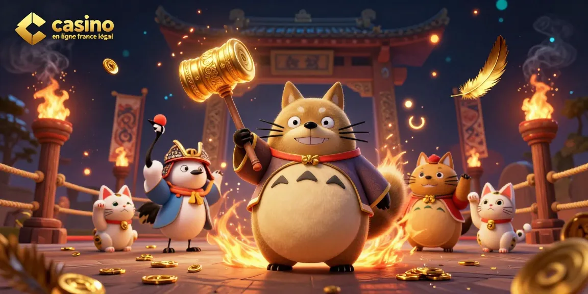 Visualisez le casino en ligne France légal avec un tanuki, une grue et des maneki-neko dans un cadre dynamique.