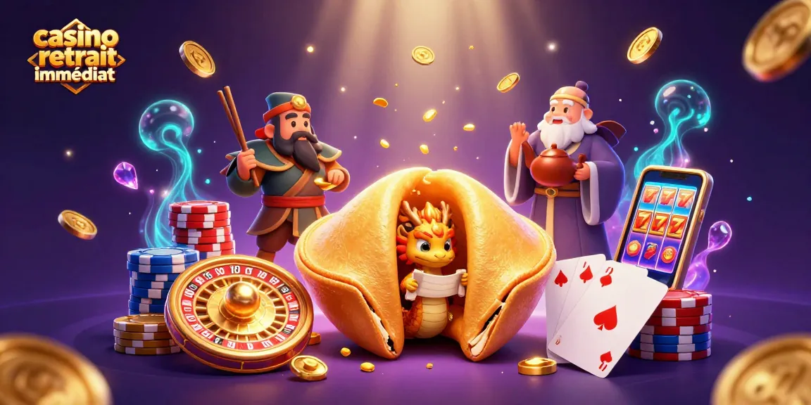 Casino retrait immédiat : illustration dynamique avec fortune cookie et scènes de jeu.