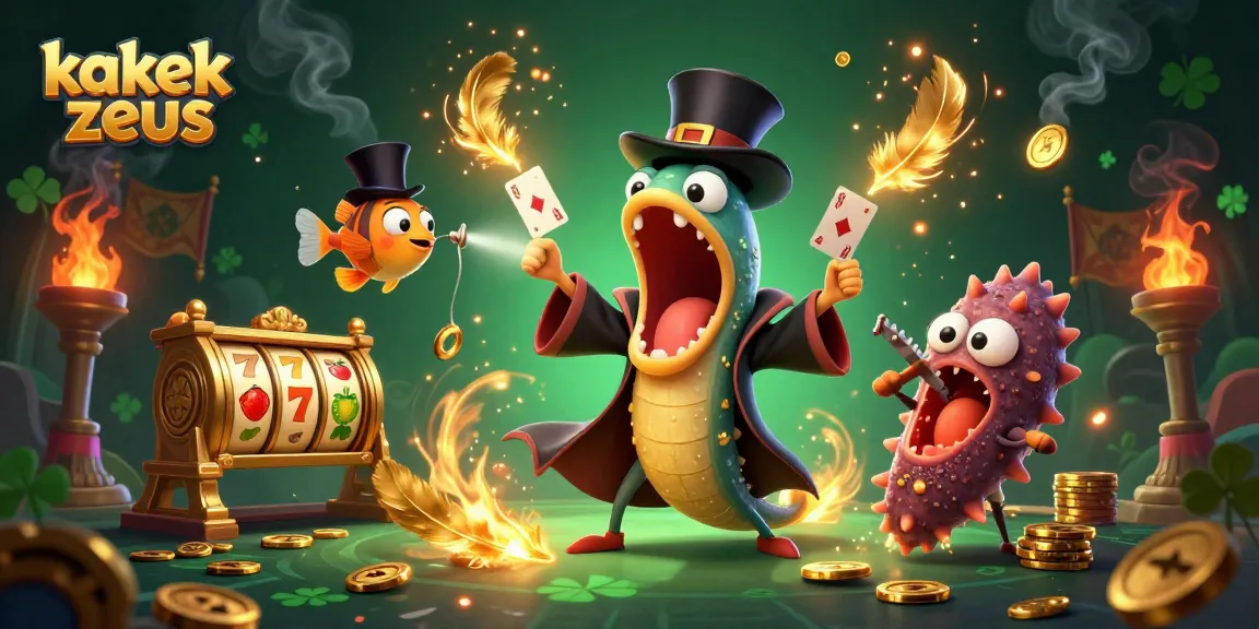 Kakek Zeus leads a magical card performance with lively characters, enticing gamblers at the slot reels.