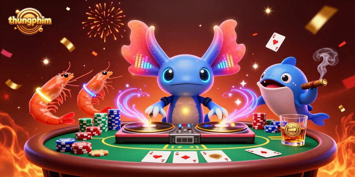thungphim showcases a vibrant neon-colored axolotl DJ with poker elements capturing the excitement of gambling.