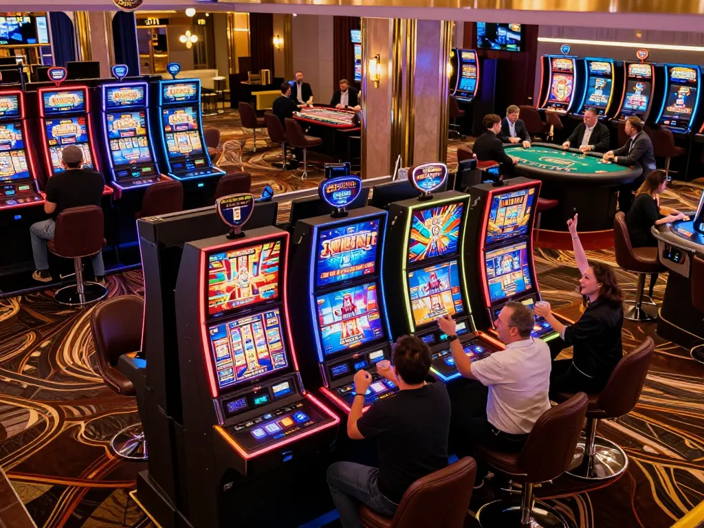 Players enjoying vibrant slot machines and celebrating wins at FAFA 828 casino.
