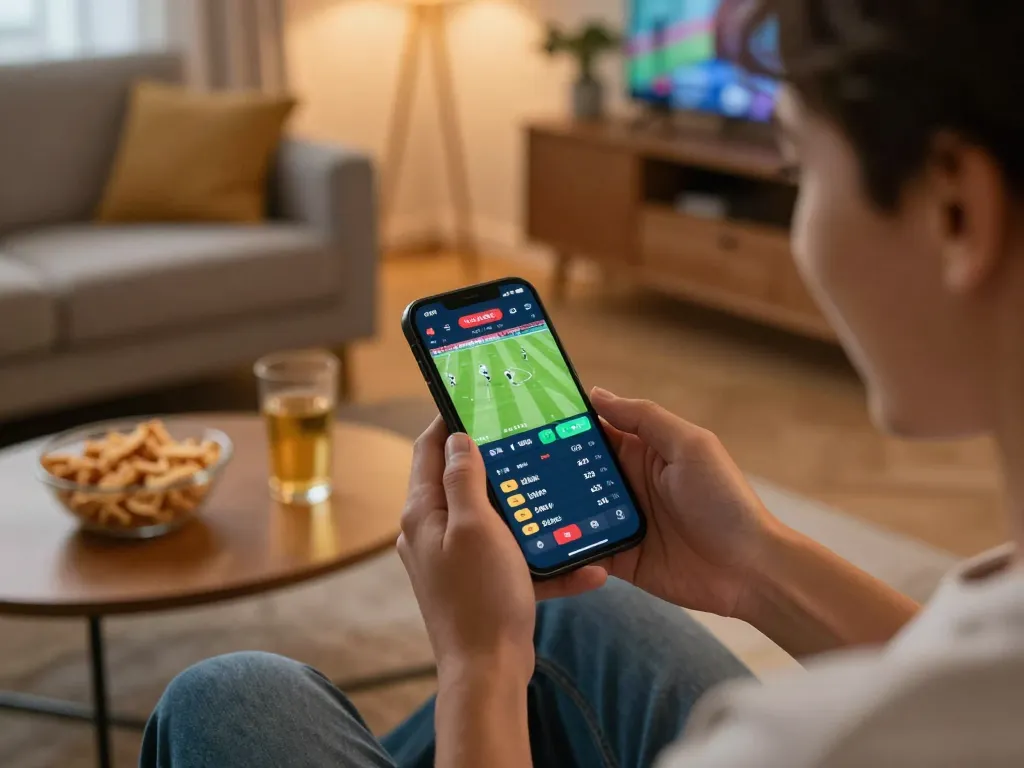 Engaged player using smartphone to place bets on bookmakers stranieri while enjoying a comfortable home environment.